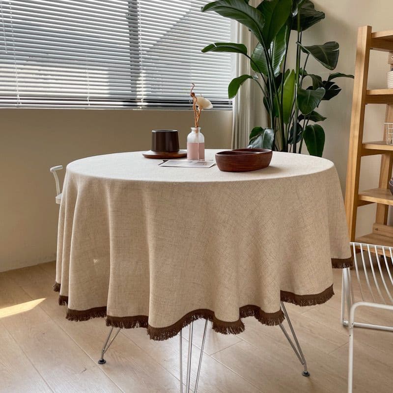 テーブルクロス 裾フリンジ付き円形テーブルクロス布