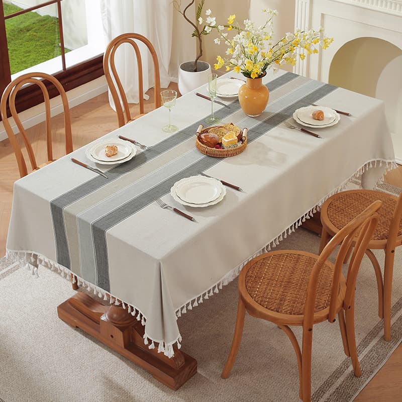 テーブルクロス リネン 優美なタッセル付き縞模様テーブルクロス