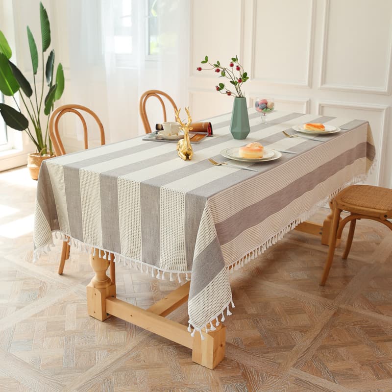 テーブルクロス 縦縞模様タッセル付き円形テーブルクロス布