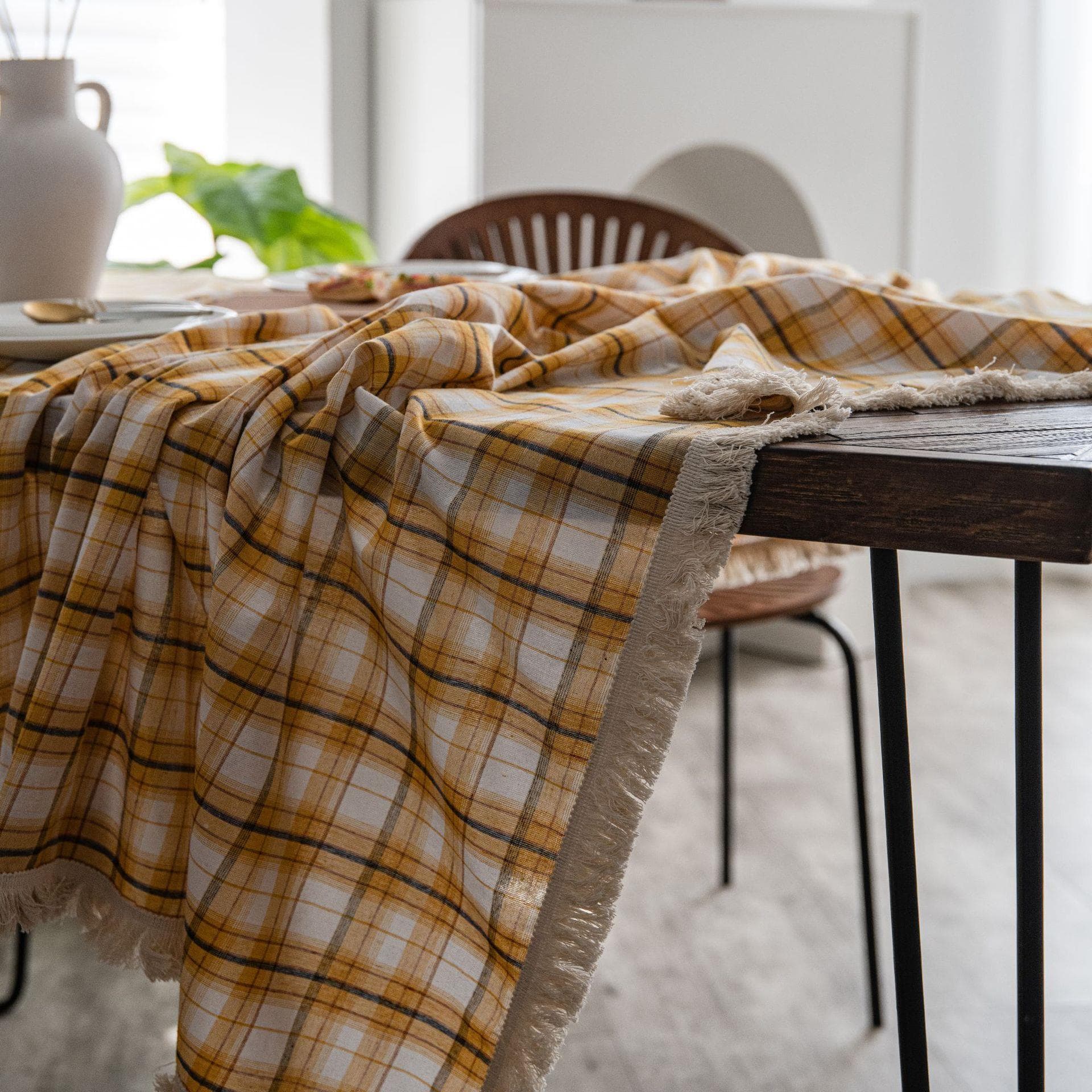 テーブルクロス チェック 北欧風格子柄フリンジテーブルクロス