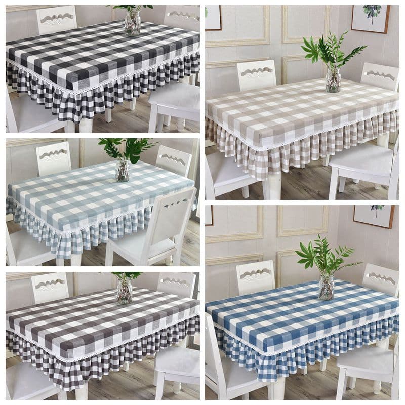 テーブルクロス 格子柄フリル付きレーステーブルクロス