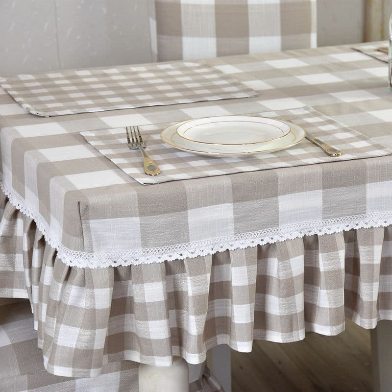 テーブルクロス 格子柄フリル付きレーステーブルクロス