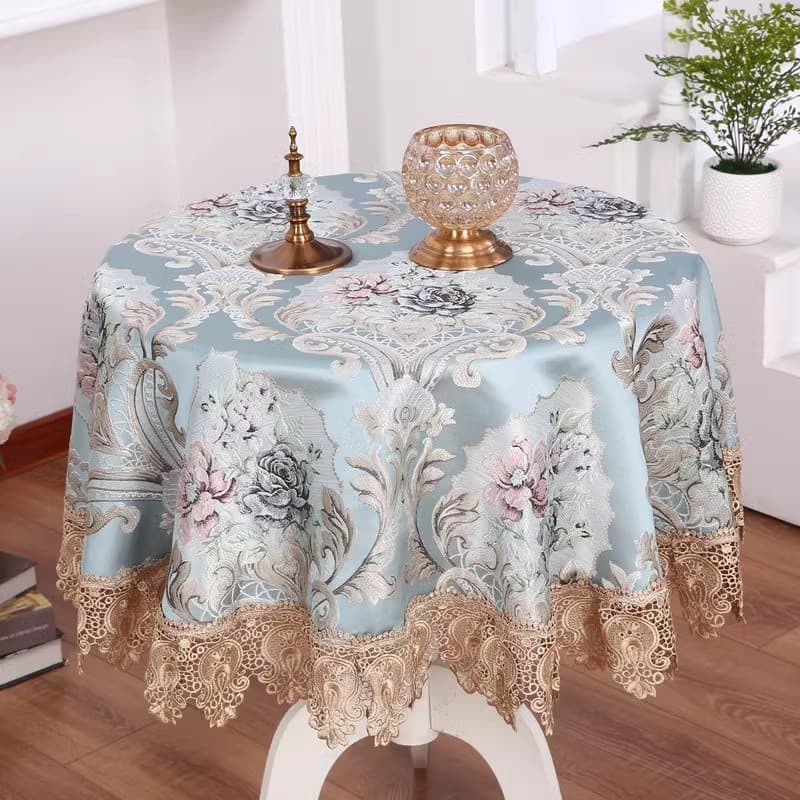 テーブルクロス 花柄刺繍と透かしレース縁取りの高級テーブルクロス布