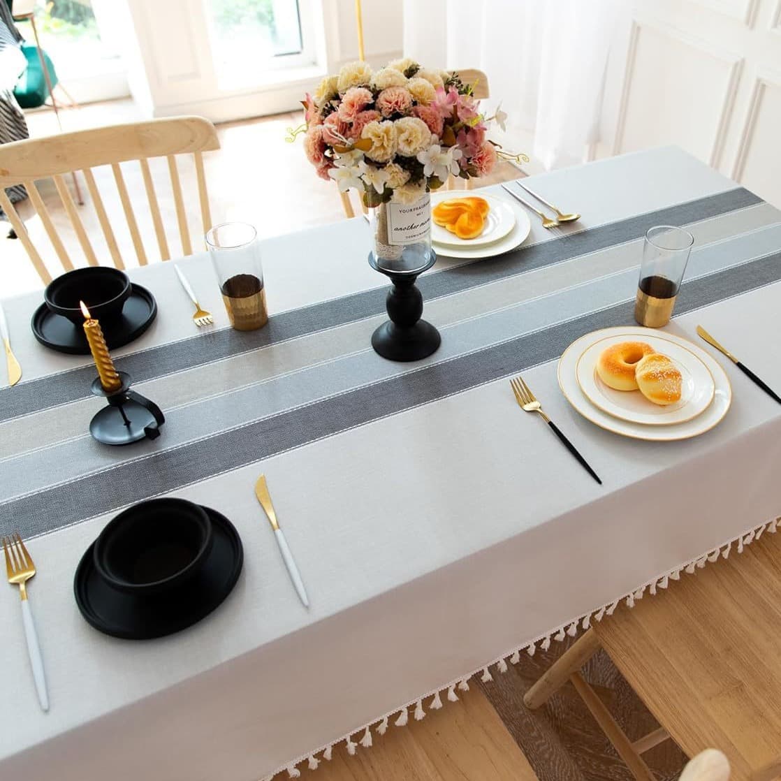 テーブルクロス リネン 優美なタッセル付き縞模様テーブルクロス