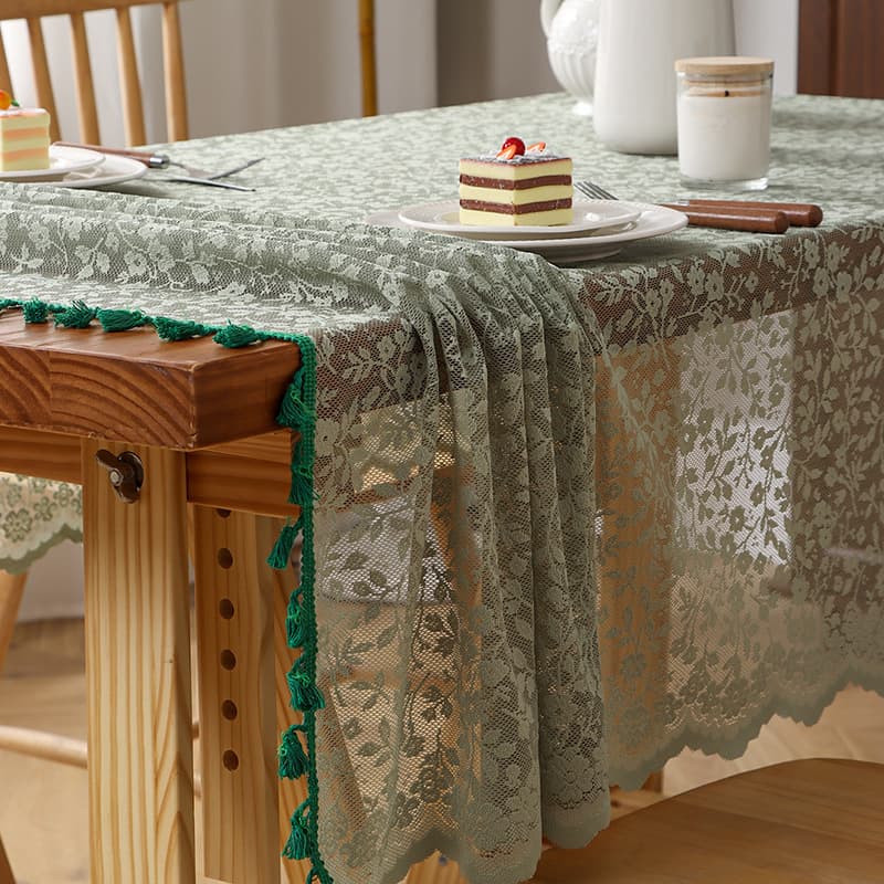 テーブルクロス 花柄刺繍レース装飾タッセル付きテーブルクロス