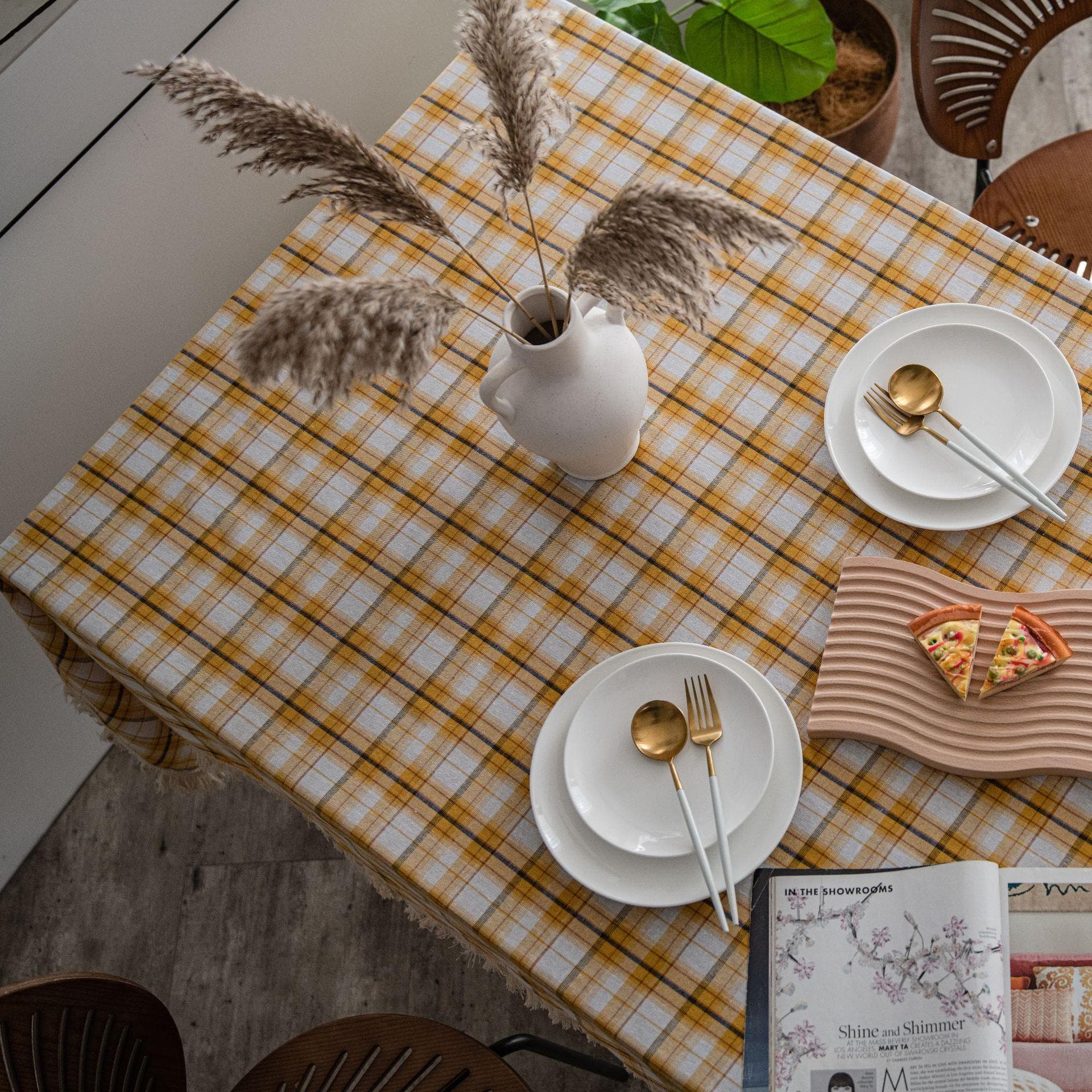 テーブルクロス チェック 北欧風格子柄フリンジテーブルクロス