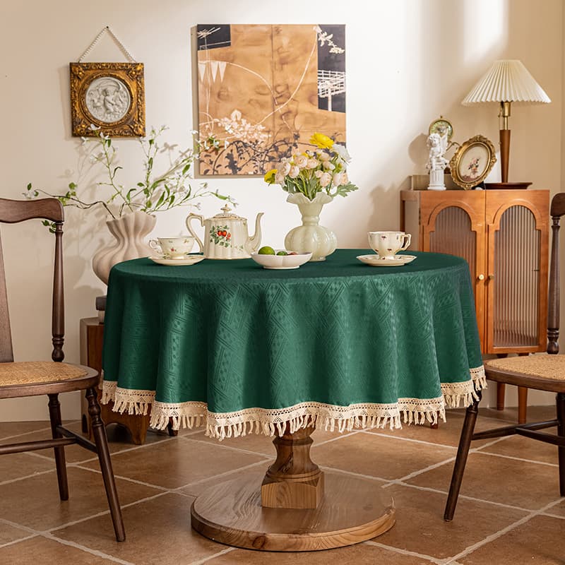 テーブルクロス 幾何学模様ジャカード織りフリンジ付き円形テーブルクロス
