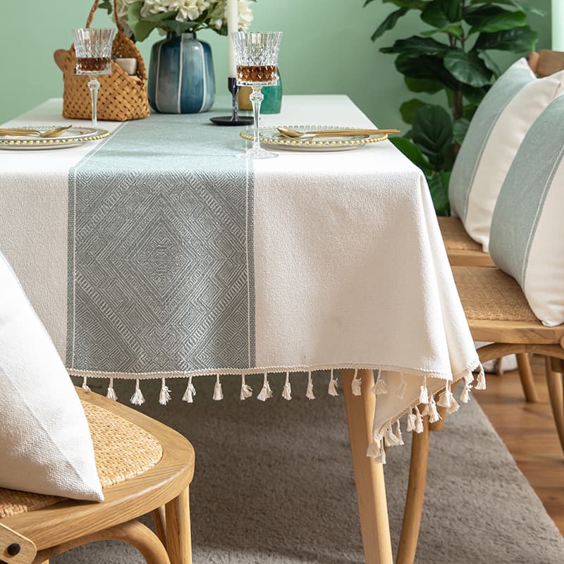 テーブルクロス 菱形幾何学模様房飾り付きテーブルクロス布