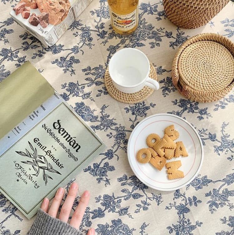 復古花柄リネンコットン テーブルクロス