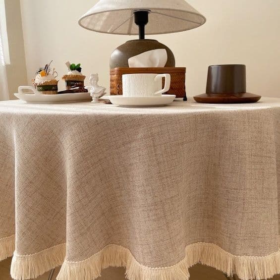 テーブルクロス 裾フリンジ付き円形テーブルクロス布