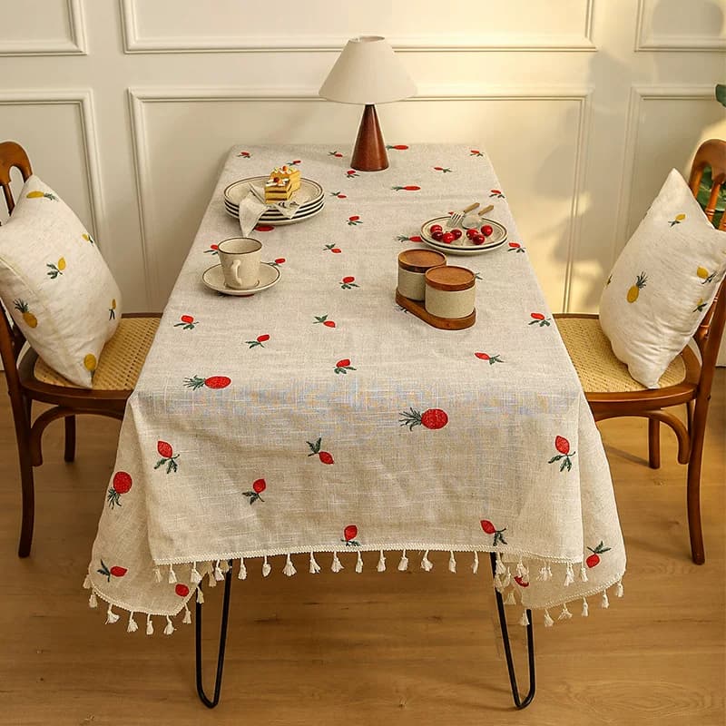 テーブルクロス フルーツ刺繍とフリンジ付きナチュラルリネンテーブルクロス