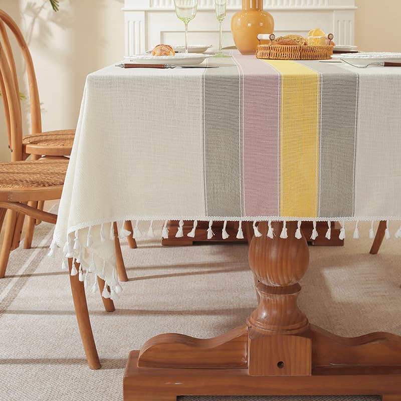 テーブルクロス リネン 優美なタッセル付き縞模様テーブルクロス