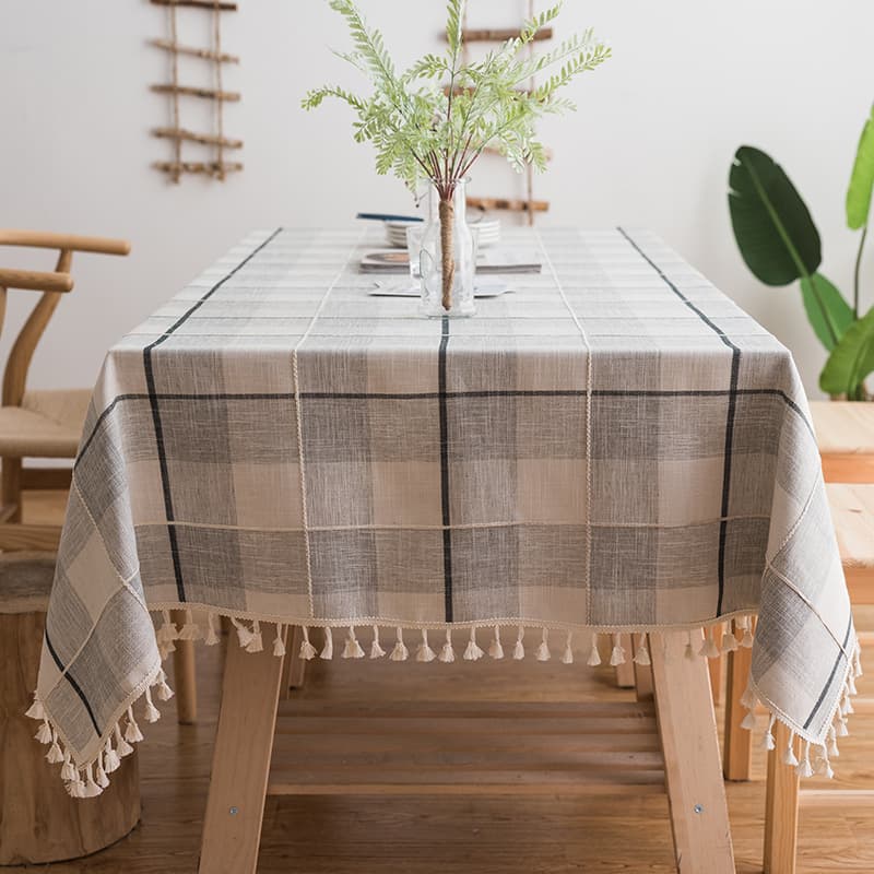 テーブルクロス リネン 格子柄のタッセル付きテーブルクロス