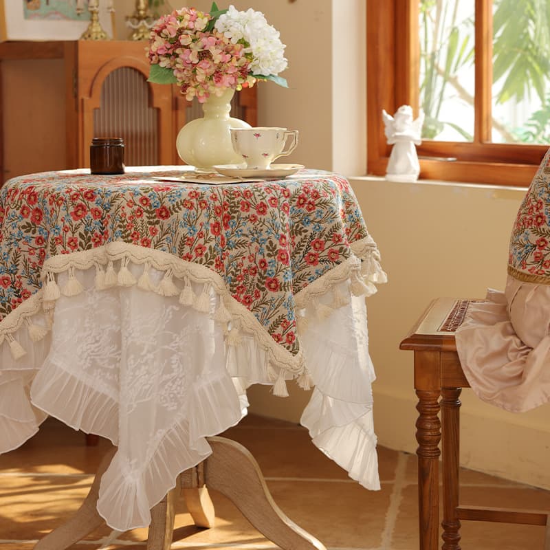 テーブルクロス 花柄刺繍フリルレース付き多層式テーブルクロス布