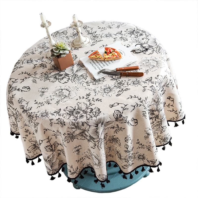 テーブルクロス ボタニカル花柄タッセル付き円形テーブルクロス布