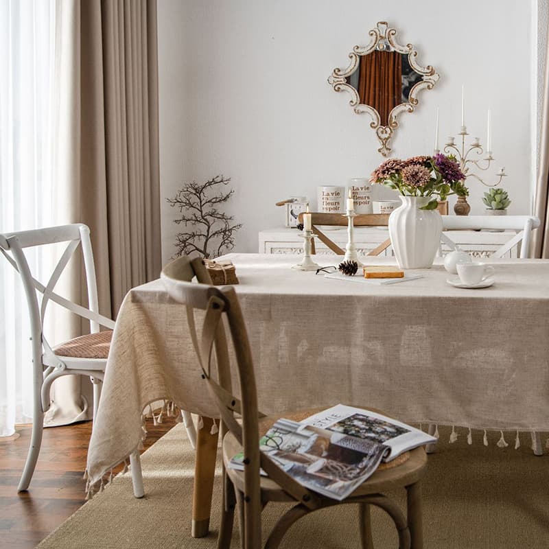 非表示テーブルクロス リネン 風合い豊かな飾り房付きテーブルクロス