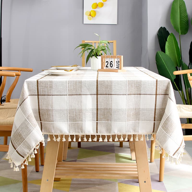 テーブルクロス リネン 格子柄のタッセル付きテーブルクロス
