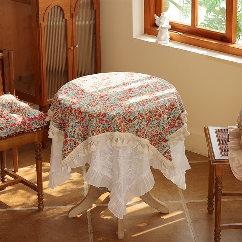 テーブルクロス 花柄刺繍フリルレース付き多層式テーブルクロス布