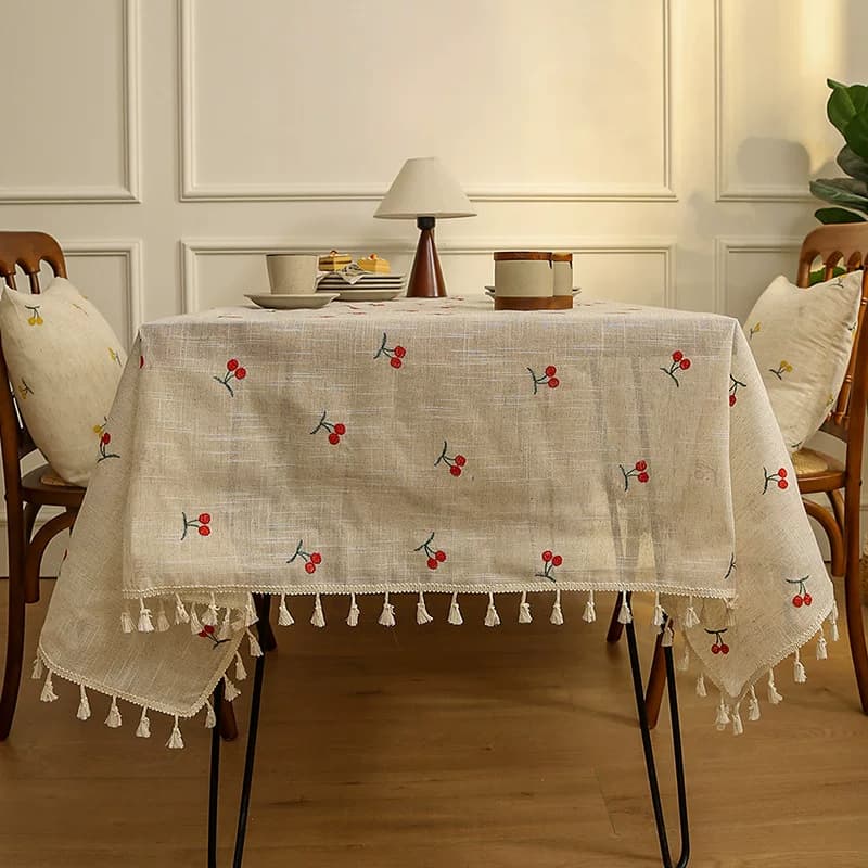 テーブルクロス フルーツ刺繍とフリンジ付きナチュラルリネンテーブルクロス