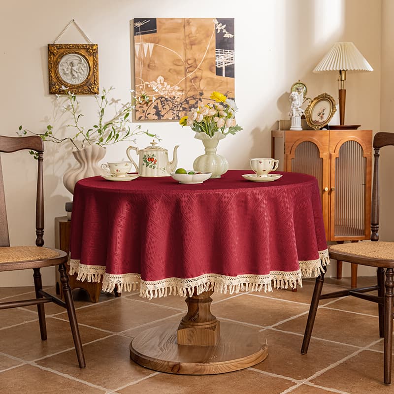 テーブルクロス 幾何学模様ジャカード織りフリンジ付き円形テーブルクロス