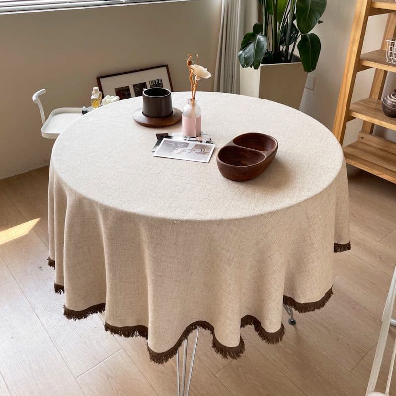 テーブルクロス 裾フリンジ付き円形テーブルクロス布