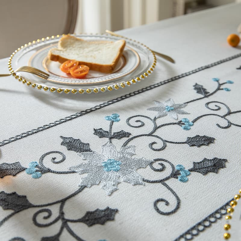 テーブルクロス リネン 花刺繍タッセル付きテーブルクロス