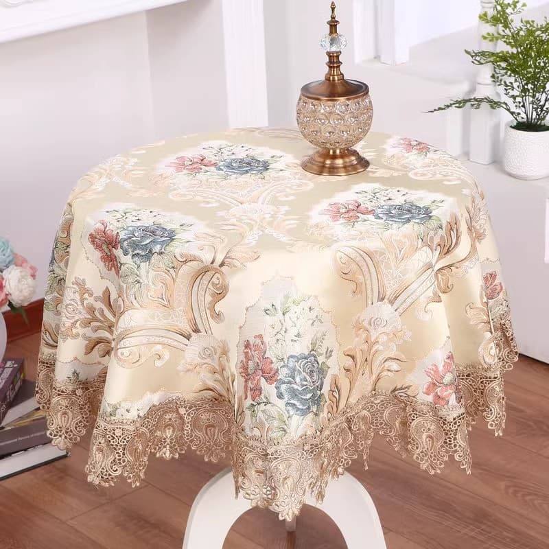 テーブルクロス 花柄刺繍と透かしレース縁取りの高級テーブルクロス布
