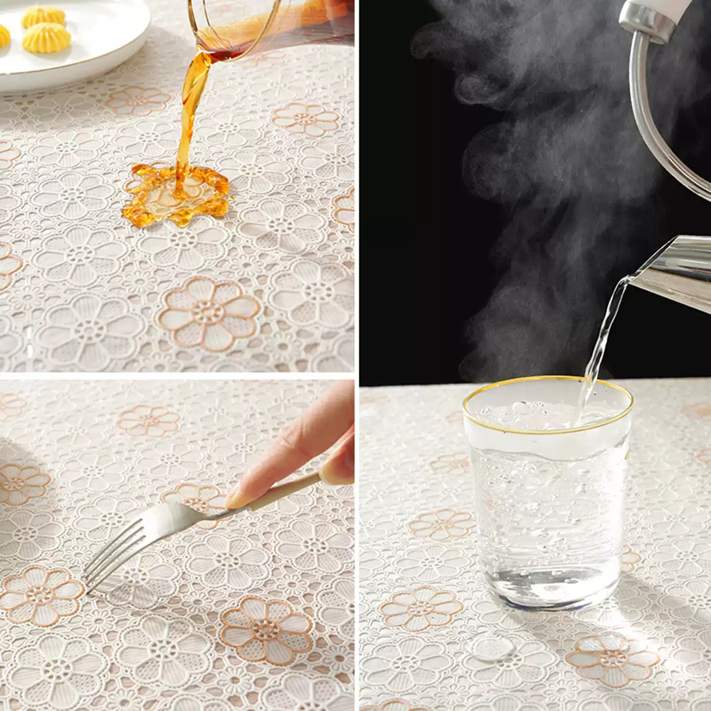 花柄レース調透かし模様のビニール製テーブルクロス